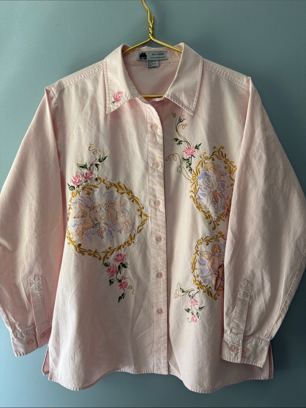 Storybook for HSN Embellished Pink Button-Down Shirt with Embroidered Floral Lrg